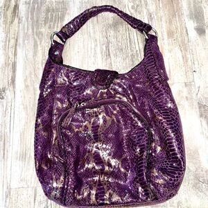 MARK bag by Avon snakeskin purple metallic pattern twisted short drop handle EUC